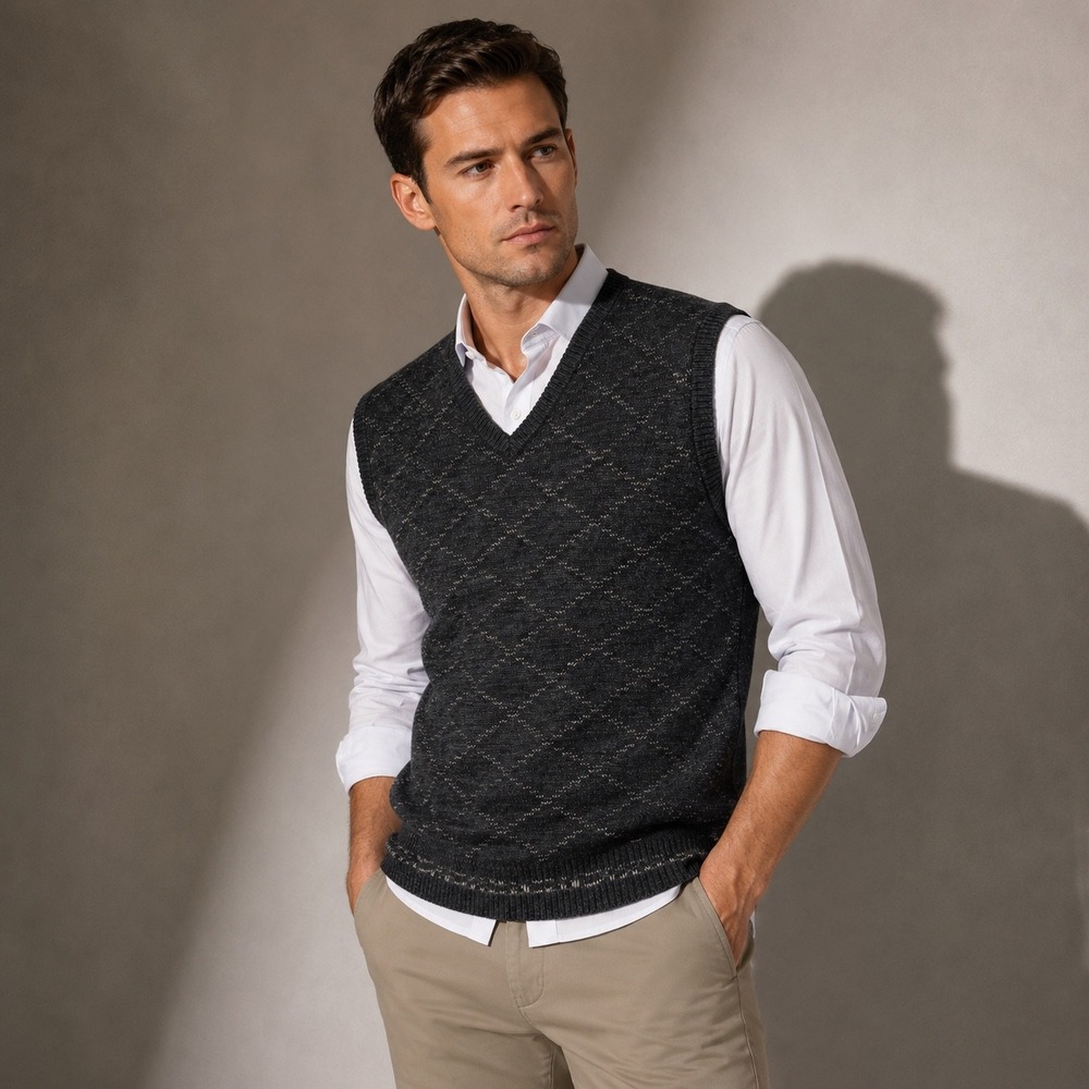 Idea Uomo Mens Charcoal Gray Diamond Knit Wool Blend V-Neck Sweater Vest Medium